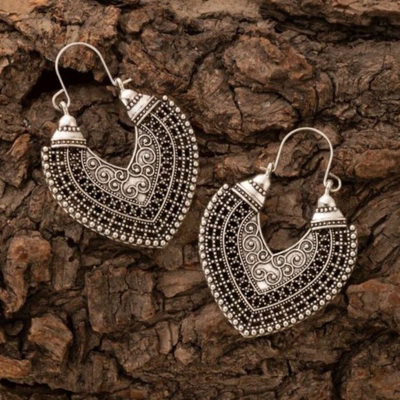 Sterling Silver Vintage Ethnic Boho Hoop Earrings - Picture 2 of 4